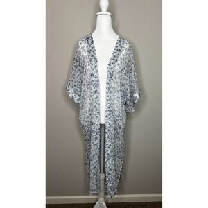 Rachel Zoe Open Front‎ Blue White Floral Sheer Long Kimono Cover Up Beach OS